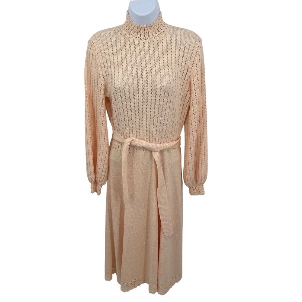 Vtg Jane Womens M Midi Dress Peach Pointelle Knit Mock Neck‎ Crochet Trim Belted